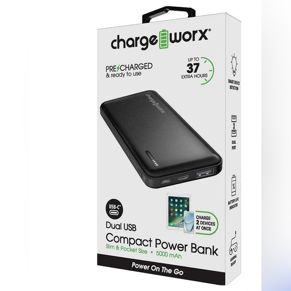 Chargeworx 5000mAh Dual USB Slim Power Bank New in Box
